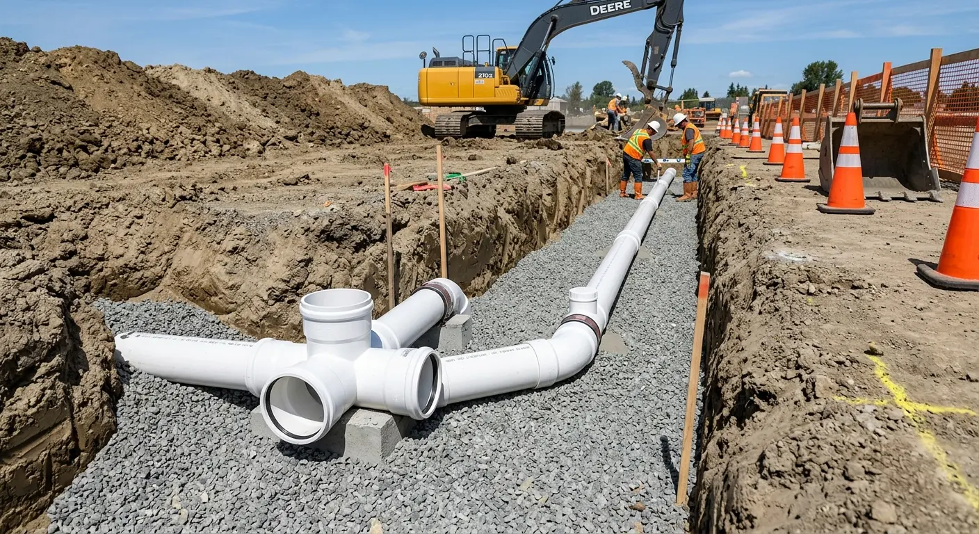 New PVC sewer pipe installation in open trench for Commercial Drain Cleaning in Celebration
