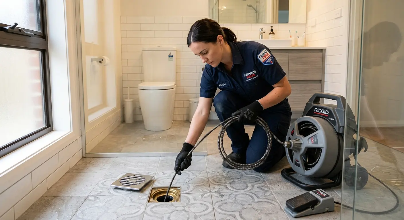 Technician clearing a bathroom floor drain for Sewer Line Replacement in Celebration